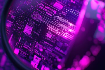 Poster - A close-up inspection of a complex pink circuit board through a magnifying glass, highlighting its intricate details and technological sophistication in abstract design.