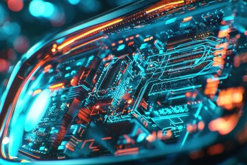 Poster - A highly detailed close-up of a circuit board with intricate connections and neon lights, showcasing the complexity and beauty of modern technology, perfect for abstract art.