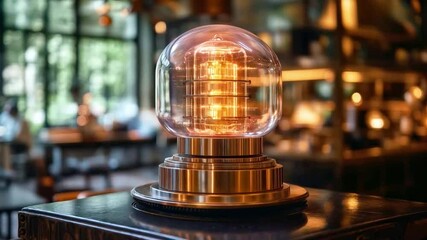 Poster - A futuristic quantum computing device is showcased inside a stylish cafe. The transparent dome encapsulates intricate components, illustrating principles like superposition and entanglement.