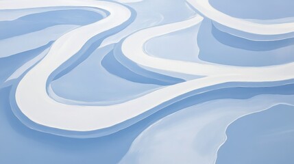Poster - Abstract River Curves: Artistic rendering of meandering river or stream channels, emphasizing the fluid curves and layered forms within a serene, light-blue backdrop.