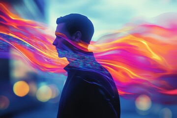 Poster - a man's profile overlaid with vibrant, abstract light patterns and digital code, creating a futurist