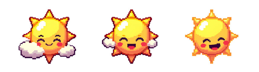 Poster - Three cheerful, animated suns with smiling faces and clouds, representing warmth and happiness.