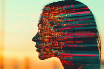 Poster - a digital portrait of a woman with abstract code overlay, highlighting the intersection of technolog