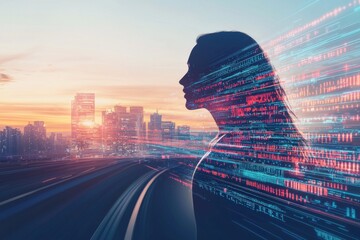 Poster - a digital woman silhouette overlayed on a fast-moving cityscape, symbolizing technological advanceme
