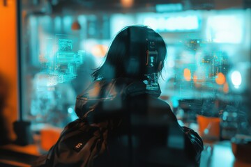 Poster - A woman wearing a tech headset looks at a futuristic display, visualizing data and artificial intelligence in a vibrant, modern, tech-focused scene with orange and teal hues.