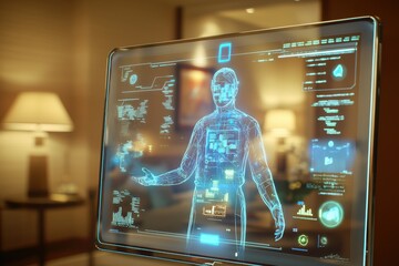 Poster - Human body hologram on a futuristic screen shows health data in a warm, softly lit room, emphasizing advanced technology's role in future healthcare and personalized medicine.