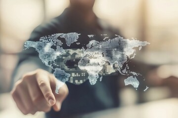 Poster - A businessman interacts with a digital world map, symbolizing global reach, international business, and the interconnectedness of the modern world, highlighting data analysis and strategic planning.