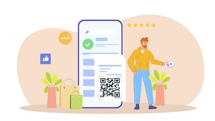 vector animation scene illustrates the convenience of digital wallet bill paying, featuring a character using a mobile device to access a wallet app