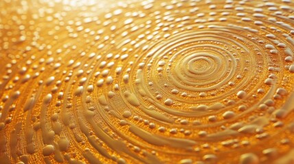 Poster - Liquid Gold Swirls: A mesmerizing close-up showcases golden liquid, its surface adorned with a captivating spiral pattern created by delicate bubbles. Capturing elegance and motion