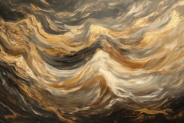 Poster - Celestial Canvas: An abstract painting captures the fluidity and energy of the cosmos, with swirling gold, black, and gray brushstrokes evoking a sense of mystery and grandeur.