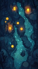Poster - Pixelated artwork of a glowing stream inside a dark cave with floating lights and starry sky details. It is lit with shades of blue and yellow
