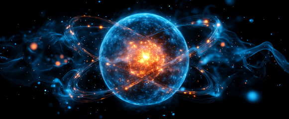 Leinwandbilder - A vibrant sphere radiates energy, illustrating quantum principles such as superposition and entanglement.