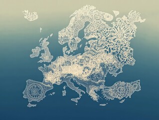 Poster - Pixelated map of a continent with intricate details showing countries and coastlines on a gradient blue-green background