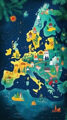 Poster - Colorful pixelated map of the continent depicting landmarks and settlements against a dark blue background and green foliage