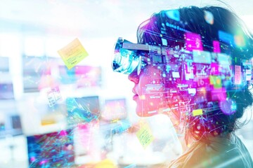 Poster - woman using virtual reality headset in a modern office, immersed in digital data, experiencing immer
