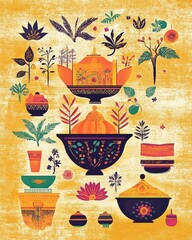 Poster - Stylized illustration of various decorative elements including pots plants and ornamental designs on yellow background