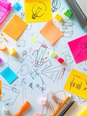 Fototapete - Creative brainstorming session with colorful sticky notes and sketches in a workspace setting