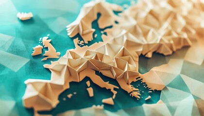 Poster - Paper map of a continent with 3D effect in low poly style on a teal geometric patterned background