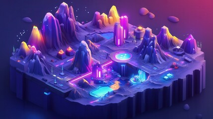 Aufkleber - Isometric gaming-inspired landscape with vibrant terrain and glowing 3D elements set in a surreal fantasy world