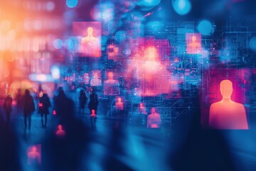Poster - Futuristic cityscape with digital overlays representing people, data networks, and connectivity, emphasizing technological advancement in a crowded urban environment.