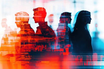 Poster - silhouettes of diverse people infused with digital patterns and vibrant red and blue hues, represent