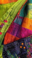 Poster - Abstract textile art with vibrant colors and textures composed of patches and squares