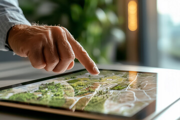 Poster - A hand interacts with a digital landscape map on a tablet, showcasing features of an outdoor area. This moment captures the blend of technology and nature in urban planning