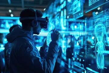 Poster - Immersed in virtual reality, man interacts with a glowing digital sphere, surrounded by holographic displays and cutting-edge futuristic technology, engaging with the metaverse