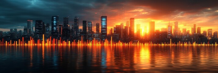 Poster - Modern skyline at sunset with vibrant reflections in water creating a stunning urban atmosphere