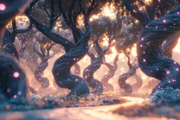 Poster - A dreamy enchanted forest with twisted trees adorned with sparkling pink lights, creating a magical and whimsical atmosphere under a warm and sunny sky.