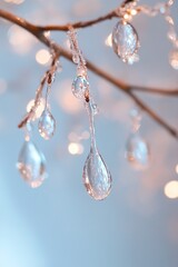 Poster - Transparent streamers create a whimsical effect, resembling raindrops suspended mid-air. The soft light enhances the ethereal beauty against a misty backdrop
