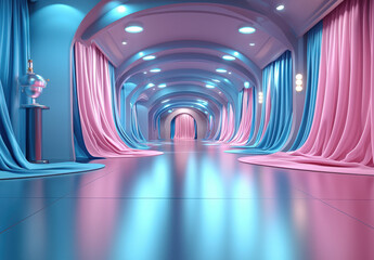 Poster - A vibrant corridor with soft curtains and illuminated blue and pink tones, creating a surreal atmosphere.