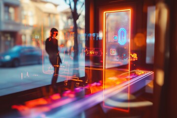 Poster - A futuristic cityscape reflected on a glass interface with glowing neon data displays, showing a blurred figure walking by in a modern urban environment.