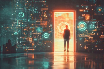 Poster - a person stands before a glowing portal surrounded by complex digital interfaces, symbolizing the in