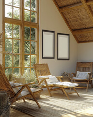Poster - Bright and airy living space with wooden furniture, large windows, and a natural aesthetic for relaxation and comfort.