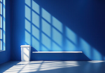 Poster - Bright blue wall with window shadows casting on a clean, minimalist space featuring a white trash can.