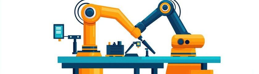 Poster - Automated Production Concept with Stylized Industrial Robots in Vector Art Design