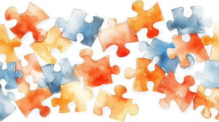 Poster - Colorful watercolor puzzle pieces scattered creatively, showcasing vibrant orange and blue colors for artistic inspiration.