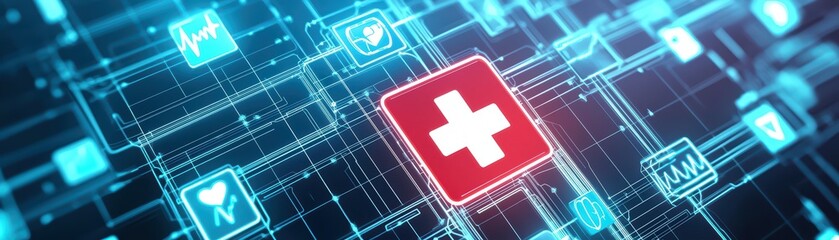 Poster - Glowing Digital Health Interface Concept with Medical Icons and Networks for Technology Design