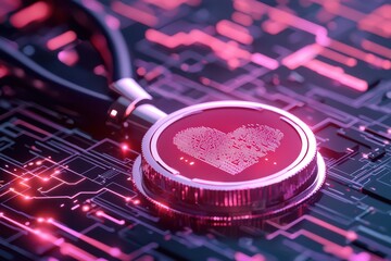 Poster - Holographic Digital Wellness Check Concept Featuring a Stethoscope with Heart Symbol
