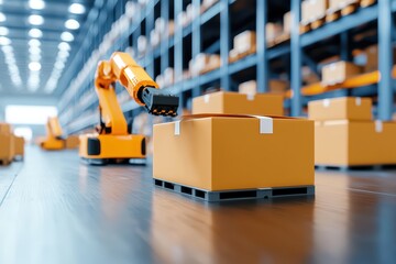 Poster - Robotic Arm in Modern Warehouse Handling Boxes for Efficient Shipping and Commerce Operations
