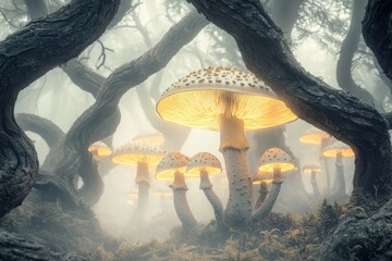 Poster - A mesmerizing view of glowing mushrooms in a mystical forest, embraced by a dense fog, twisted old trees, and ethereal light, creating a magical atmosphere.