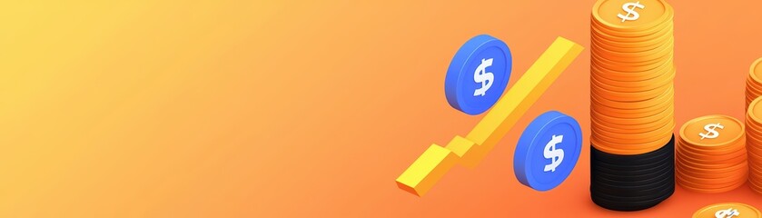 Poster - 3D Isometric Financial Growth Concept with Coins and Graph on Orange Background