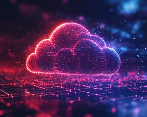 Poster - Cloud computing technology concept with neon digital data transfer on a futuristic background, abstract data flow, glowing lines, modern tech, 3D digital