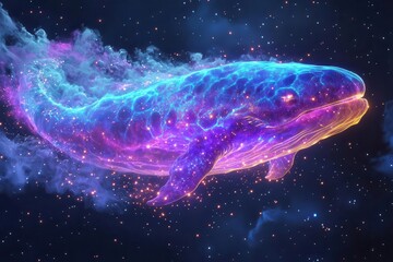 Wall Mural - bioluminescent cosmic whale swimming through nebula clouds, its translucent body glowing with ethereal blue and purple light, trailing stardust and surrounded by tiny glowing plankton-like stars