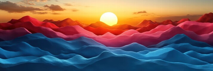 Poster - Vibrant sunset over flowing colorful mountains creating a surreal landscape