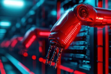 Poster - Advanced Robotic Arms in Futuristic Industry Setting with Neon Lighting Effects