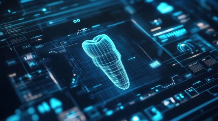 Aufkleber - Holographic interface showcasing 3D rotating dental implant with digital overlays and scanning effects in soft blue lighting
