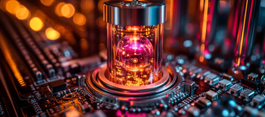Fototapete - A glowing qubit encapsulated in glass sits prominently within an advanced circuit board. Surrounding components pulse with vibrant colors, highlighting the complexity of quantum technology.