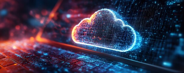 Poster - Laptop screen displaying data upload symbol with cloud computing technology, futuristic design, glowing icons, digital innovation, 3D rendering, modern tech